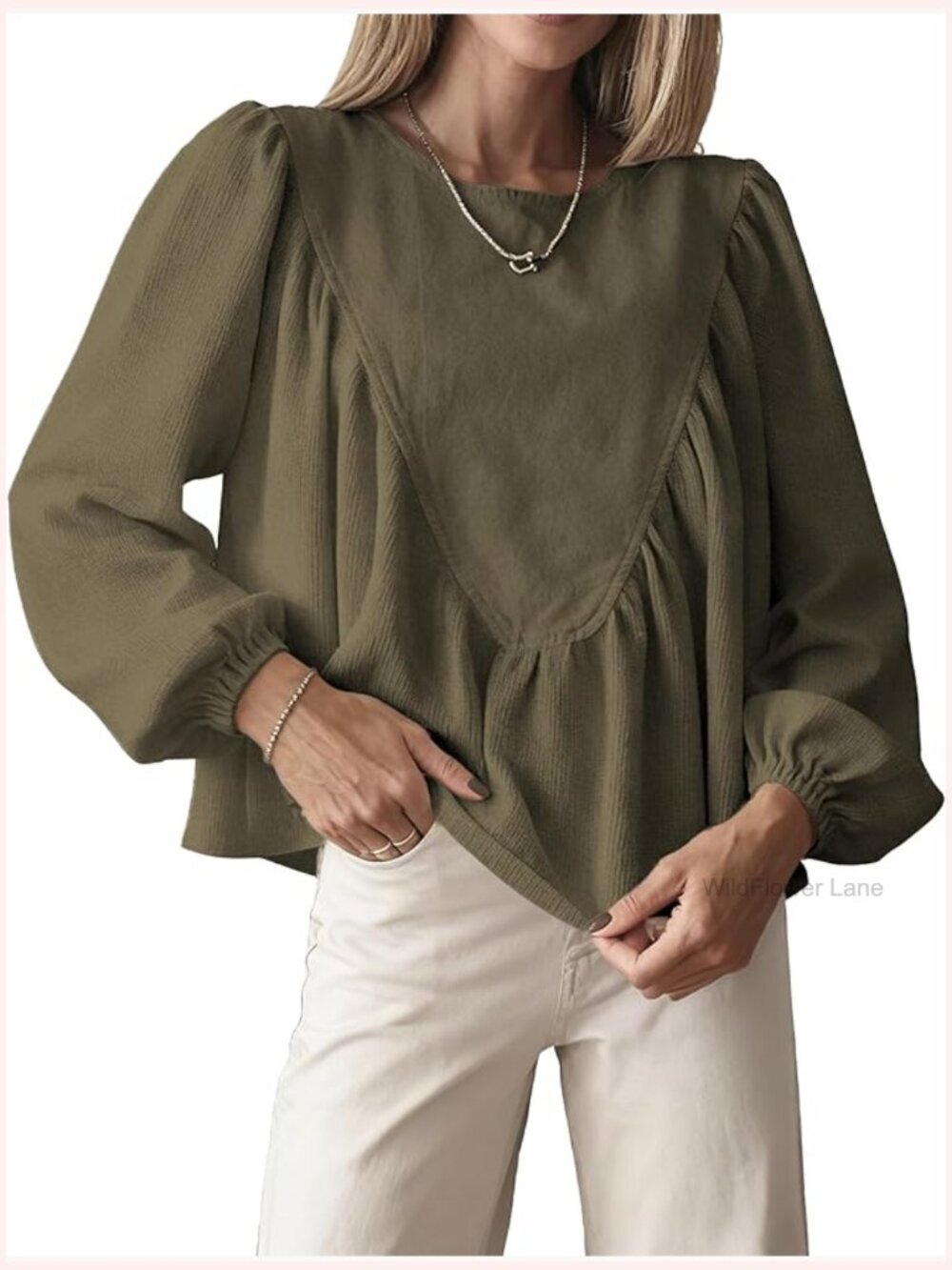 Women's Peplum Babydoll Top Waffle Knit Shirt with Back Button Lantern Sleeves